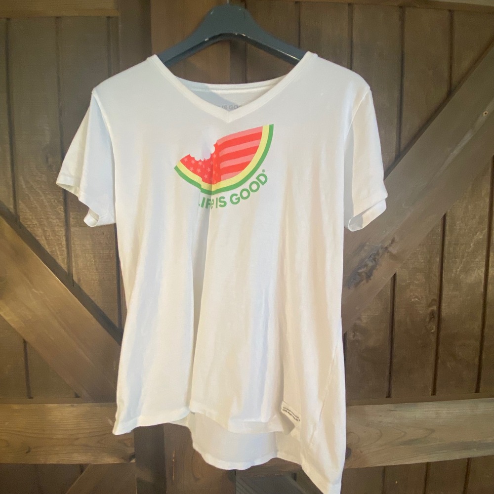 Life is Good Crusher Tee Womens Large White Good Watermelon Graphic V-Neck Shirt